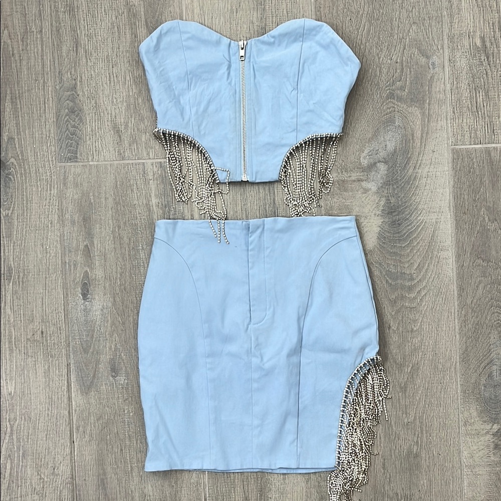 Light Blue Skirt Set with Rhinestone Detail